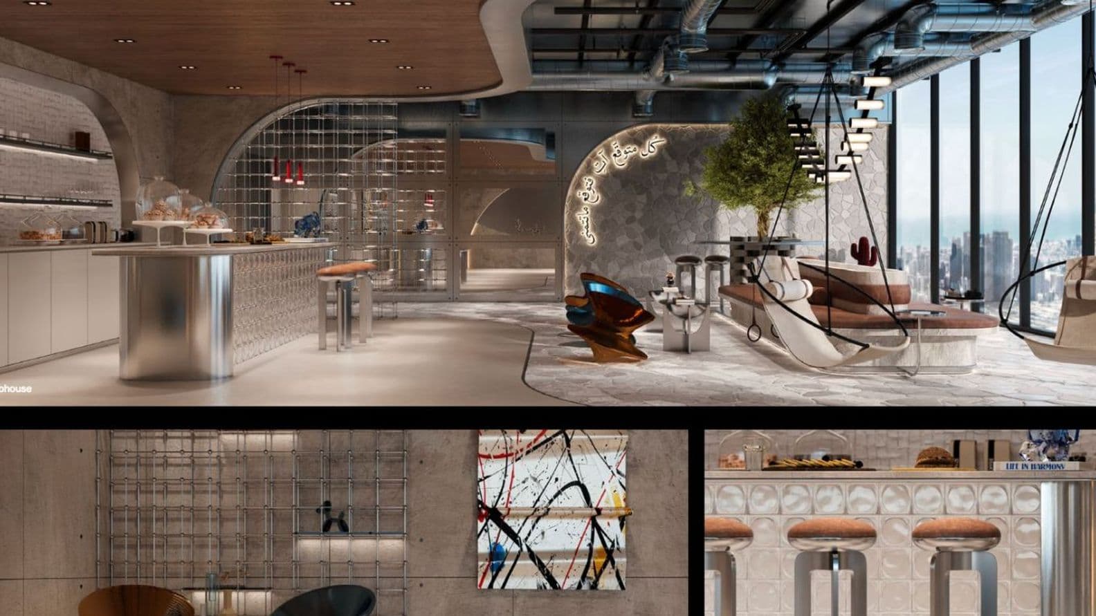 Modern interior with sleek furniture, large windows, hanging chairs, and a contemporary art piece. Neutral tones and city views enhance the space.