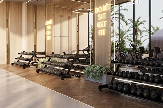Modern gym interior with dumbbell racks, benches, treadmills, and large windows; neon 'Don't Sit Get Fit' sign on a pillar. KI-generiertes Bild