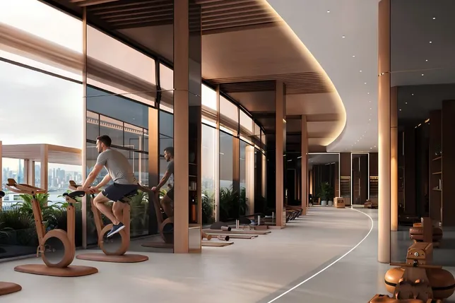 Modern gym with floor to ceiling glass walls and warm lighting; two people ride stationary bikes by a city view. AI-generated image