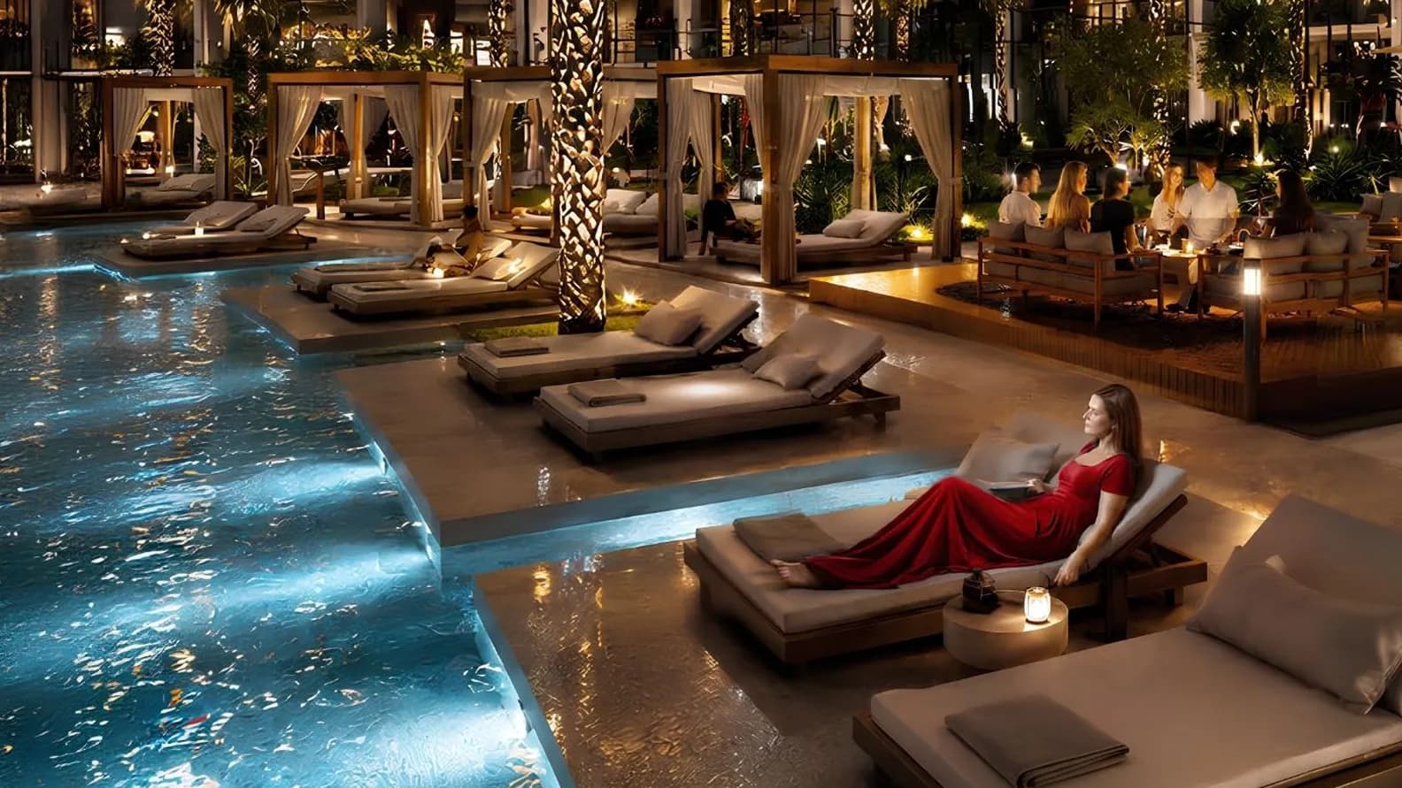 Nighttime poolside resort with illuminated cabanas, palm trees, a woman in red lounging on a sunbed, and groups dining nearby. AI-generated image