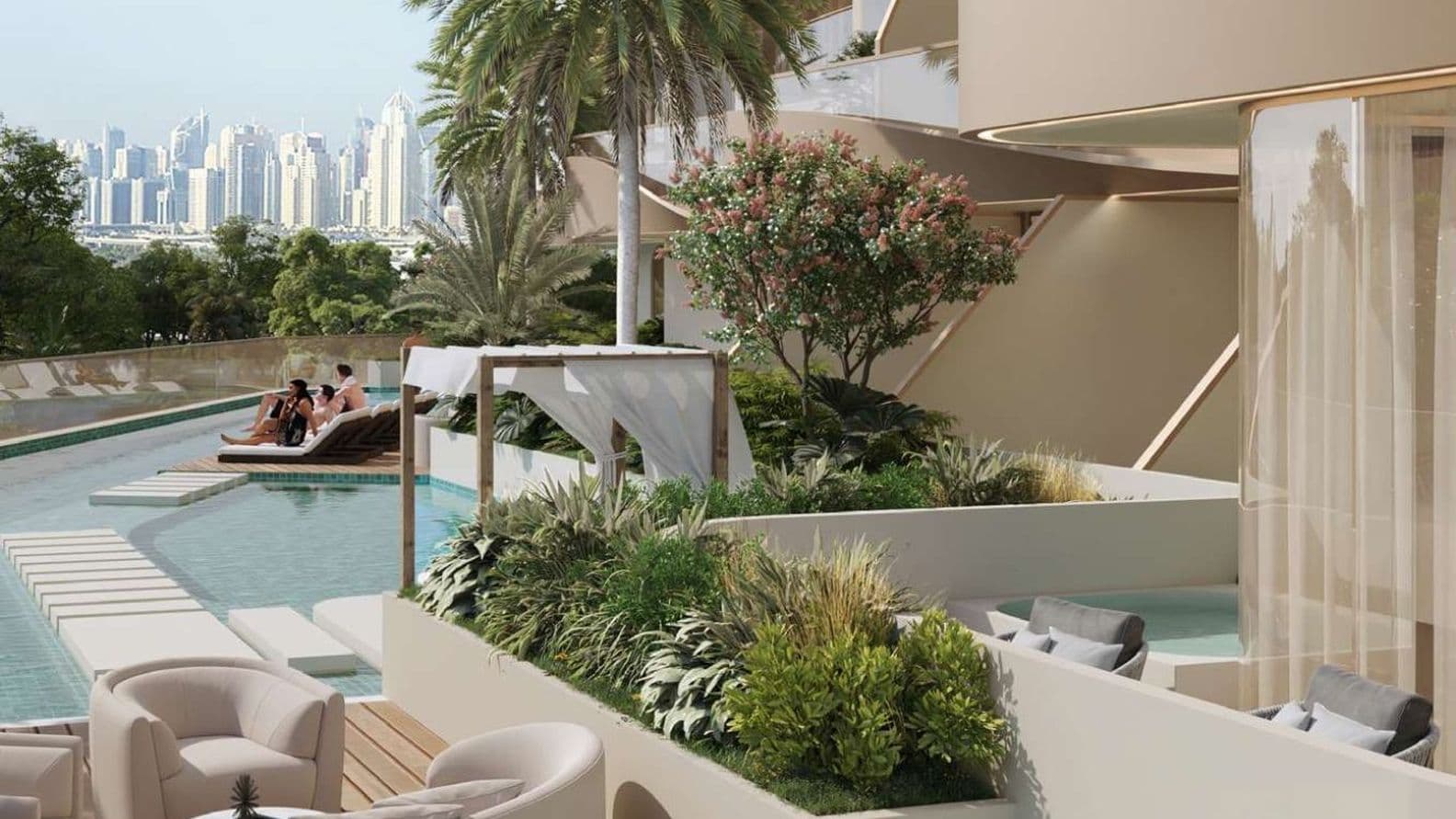 Luxurious poolside area with loungers, modern seating, lush greenery, and a city skyline view in the distance.