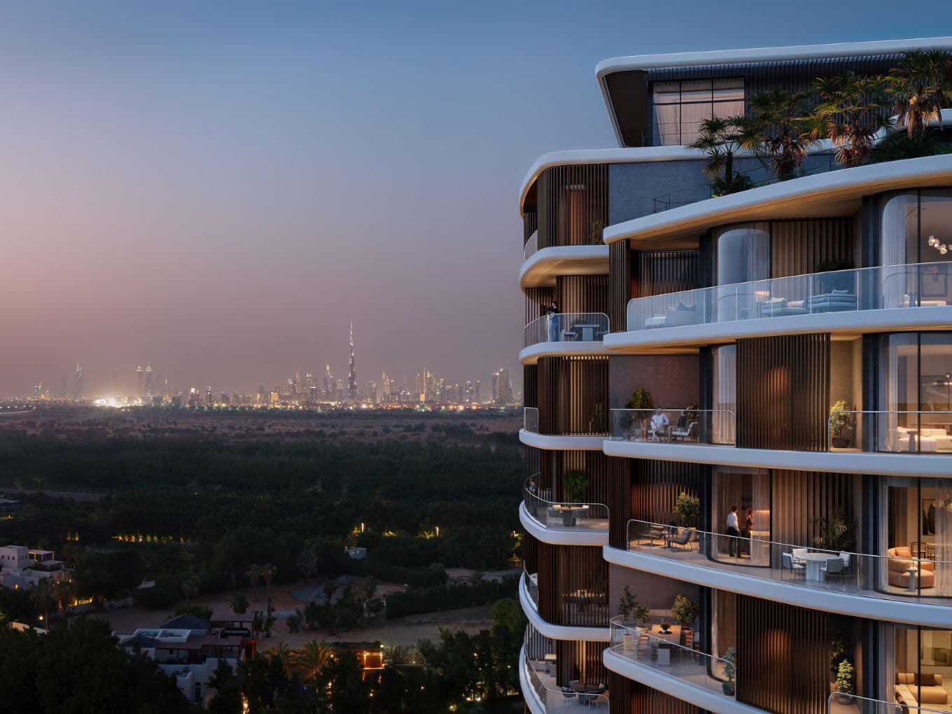 Moderner Hochhausbau mit geschwungenen Balkonen und Blick auf die Stadtlandschaft in der Dämmerung, umgeben von fernen Wolkenkratzern und einem weichen, farbenfrohen Himmel.
