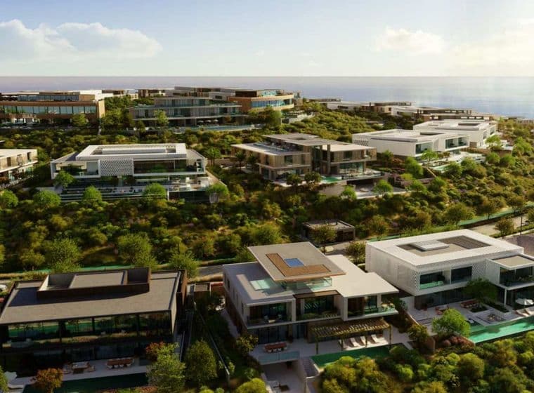 Luxurious modern villas on a lush hillside overlooking the ocean under a clear sky.