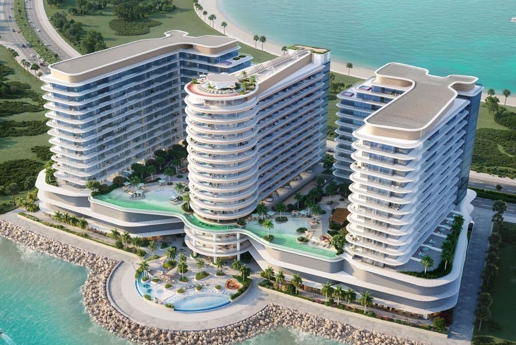Exterior render of Trio Isle, showing 3 towers with infinity pools and sea views