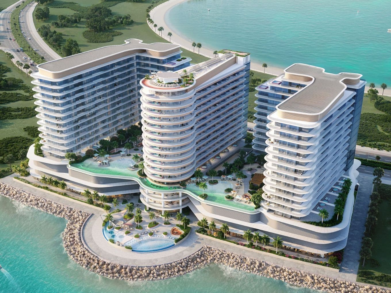 Exterior render of Trio Isle, showing 3 towers with infinity pools and sea views