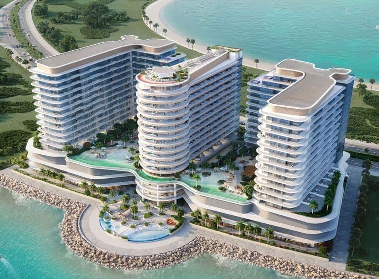 Exterior render of Trio Isle, showing 3 towers with infinity pools and sea views