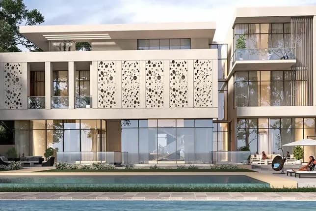 Contemporary two-story villa with perforated concrete panels, glass walls, balconies, and a pool in front. KI-generiertes Bild