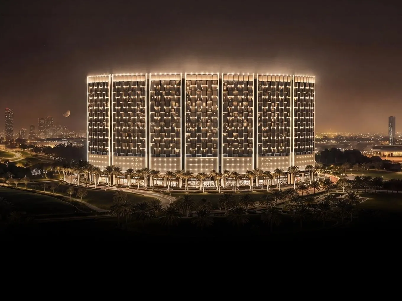 Night view of a large, illuminated glass building with a segmented facade, palms in front, and distant city lights. AI-generated image