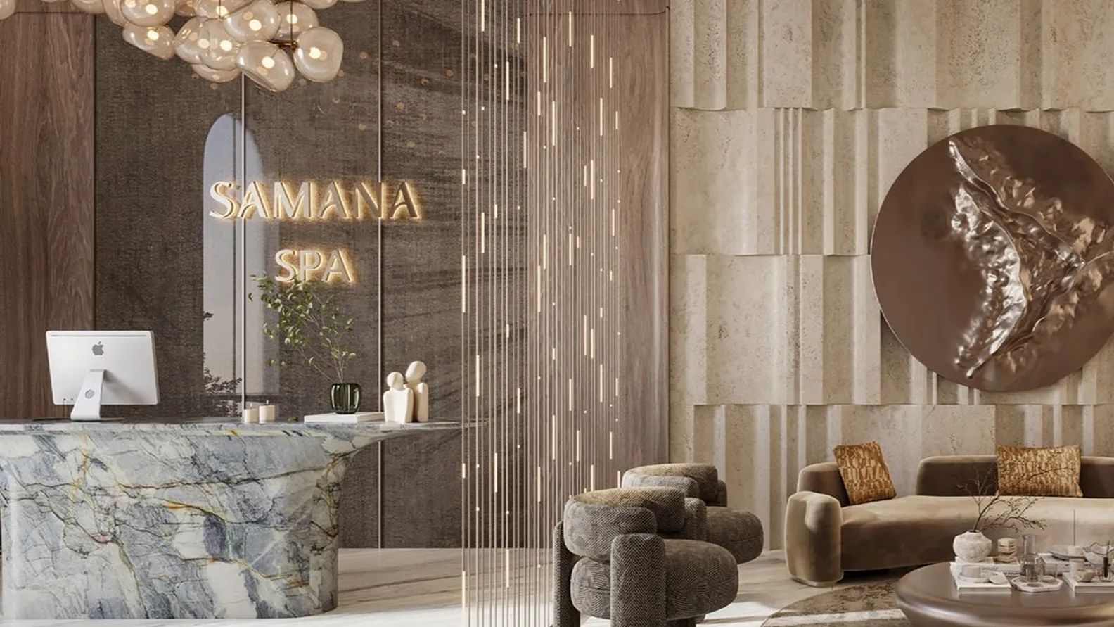 Luxurious spa lobby with marble reception desk, glowing SAMANA SPA sign, warm lighting, contemporary seating and a large bronze wall sculpture. KI-generiertes Bild