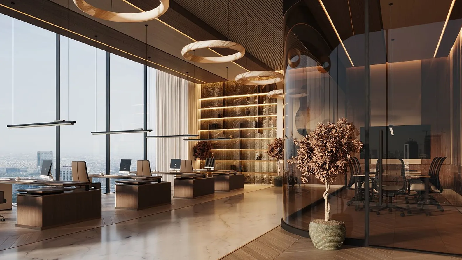 Bright, modern office with floor-to-ceiling windows, row desks with computers, circular pendant lights, and a glass-walled meeting room. KI-generiertes Bild