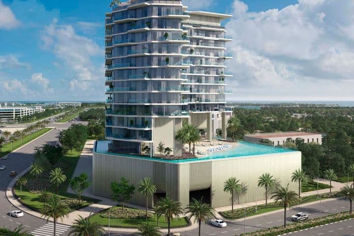 Exterior view of Octa Isle with Missoni designed rooftop pool and beachfront surroundings in Dubai Islands