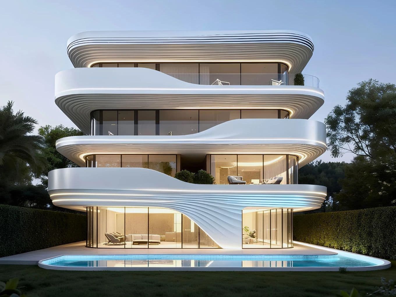 Modern multi-story house with curved white facade, large glass windows, and a pool at the base, surrounded by trees and hedges.