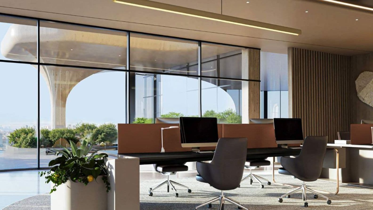 Stilvolles, offenes Büro in Lumena mit Stadtblick und Zimmerpflanzen.
