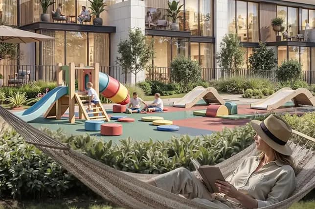 Woman reading in a hammock near a colorful playground. Children play on slides and stepping stones. Modern building and lush plants in the background.