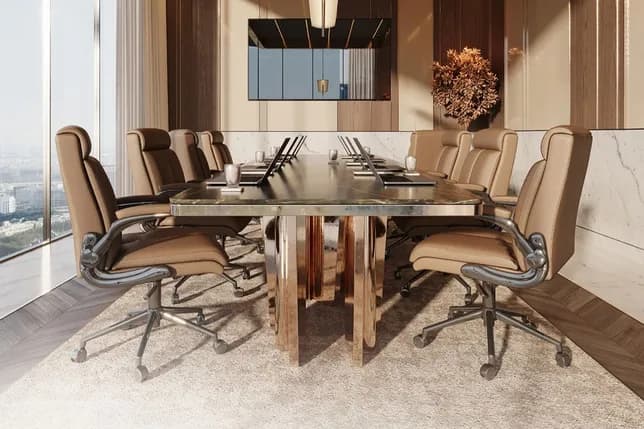 Luxurious boardroom with a marble table, tan leather chairs, laptops, and cups; large windows with cityscape view. KI-generiertes Bild