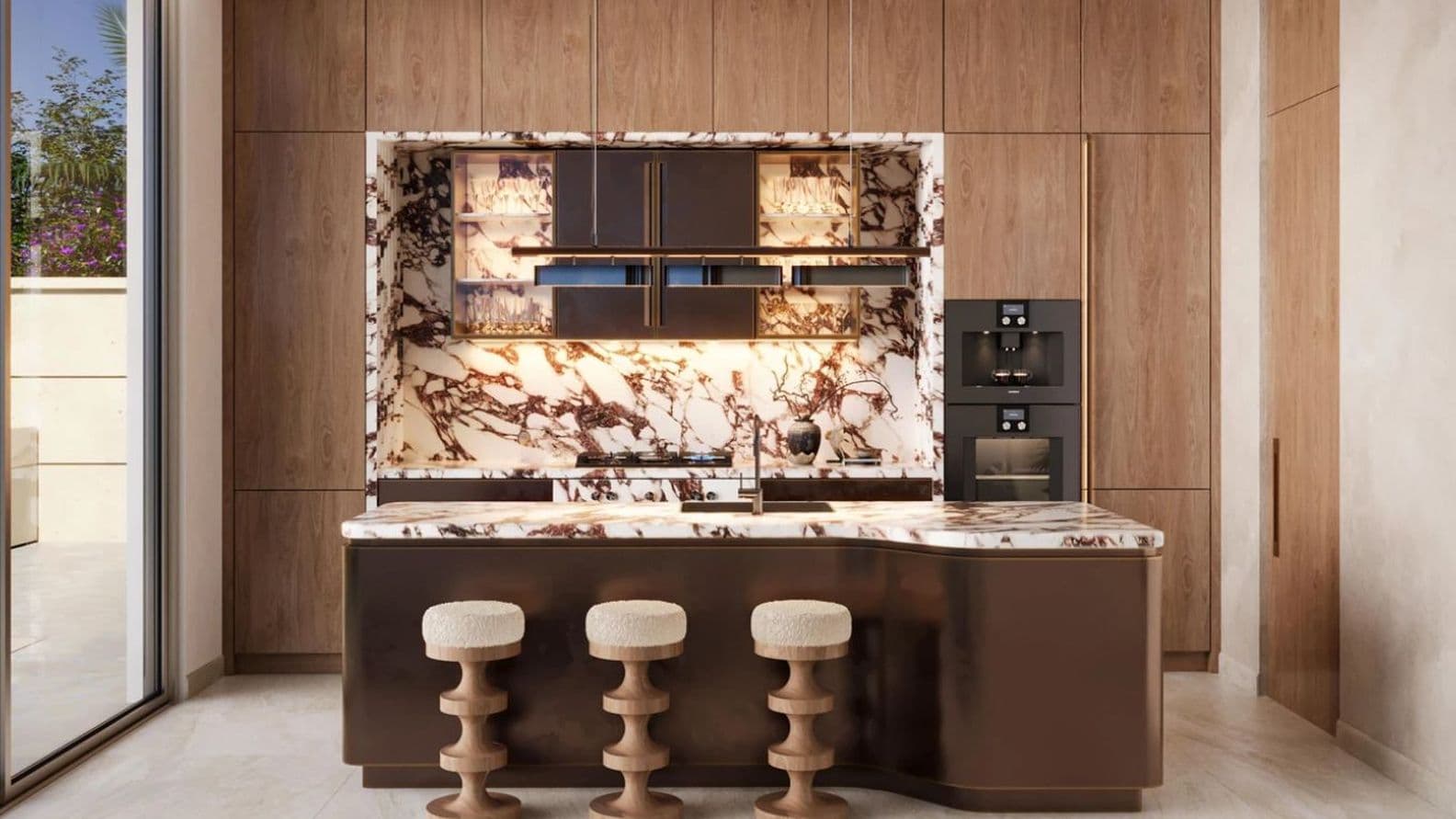 Modern kitchen with marble backsplash, wooden cabinets, and a central island with three stools. Built-in appliances and large windows are visible.