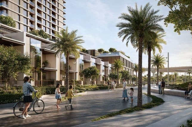 Residents walking and cycling through Green Gate Park near Lyvia by Palace