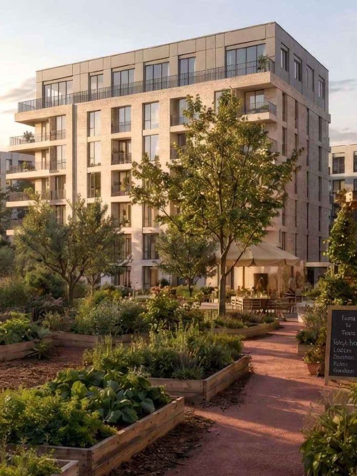 Community urban garden with raised vegetable beds, pergola cafe seating and modern apartment buildings bathed in warm evening light.