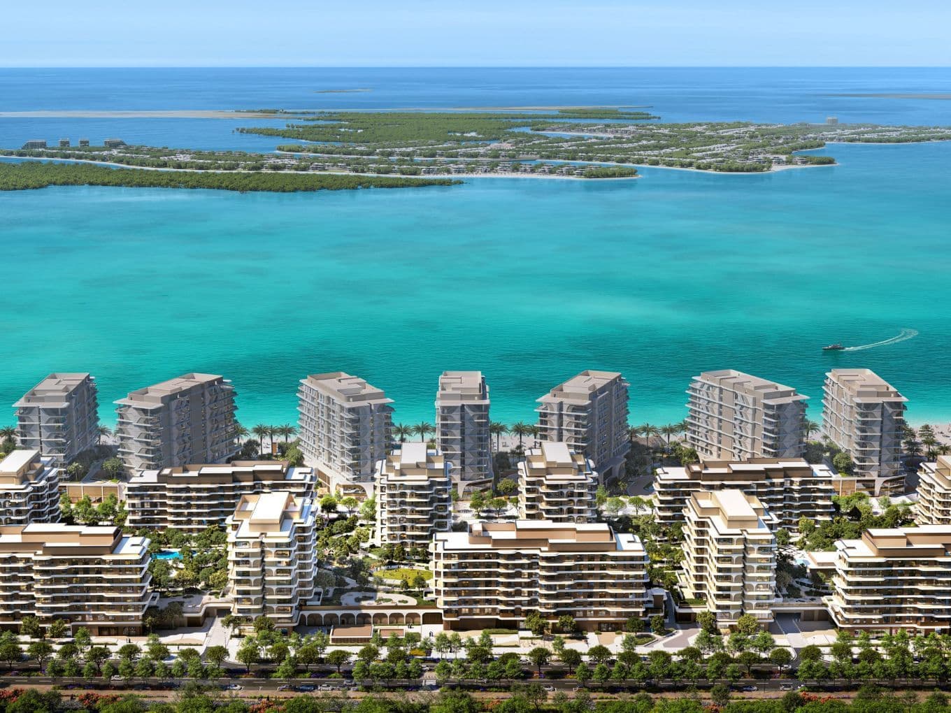 Aerial view of The Beach House Fahid master plan showing 11 modern mid-rise towers fronting the sea, with turquoise water, islands in the distance, and lush community landscaping.