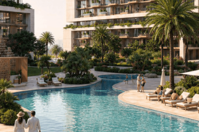 Luxury apartment complex with a lush poolside area, surrounded by greenery and palm trees. People are relaxing and walking around.