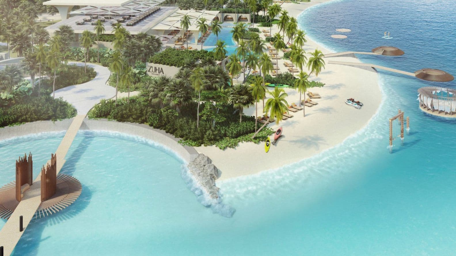 Aerial view of a tropical resort with white sandy beaches, palm trees, turquoise water, sun loungers, and modern structures surrounded by lush greenery.