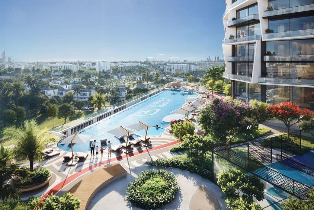 Elevated outdoor amenities at Binghatti Circle including infiity pool, lounge beds, garden paths, and recreational spaces with city views.