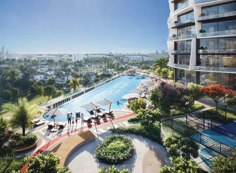 Elevated outdoor amenities at Binghatti Circle including infiity pool, lounge beds, garden paths, and recreational spaces with city views.