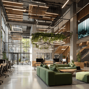 Modern office space with green seating, open layout, wooden accents, large glass windows, and hanging greenery under circular lights.