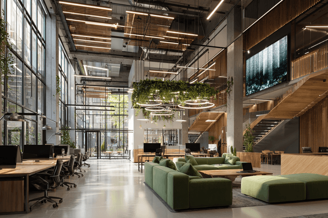 A modern, open-concept office with green sofas, wooden accents, large windows, and suspended greenery. Stairs and a digital screen are visible.
