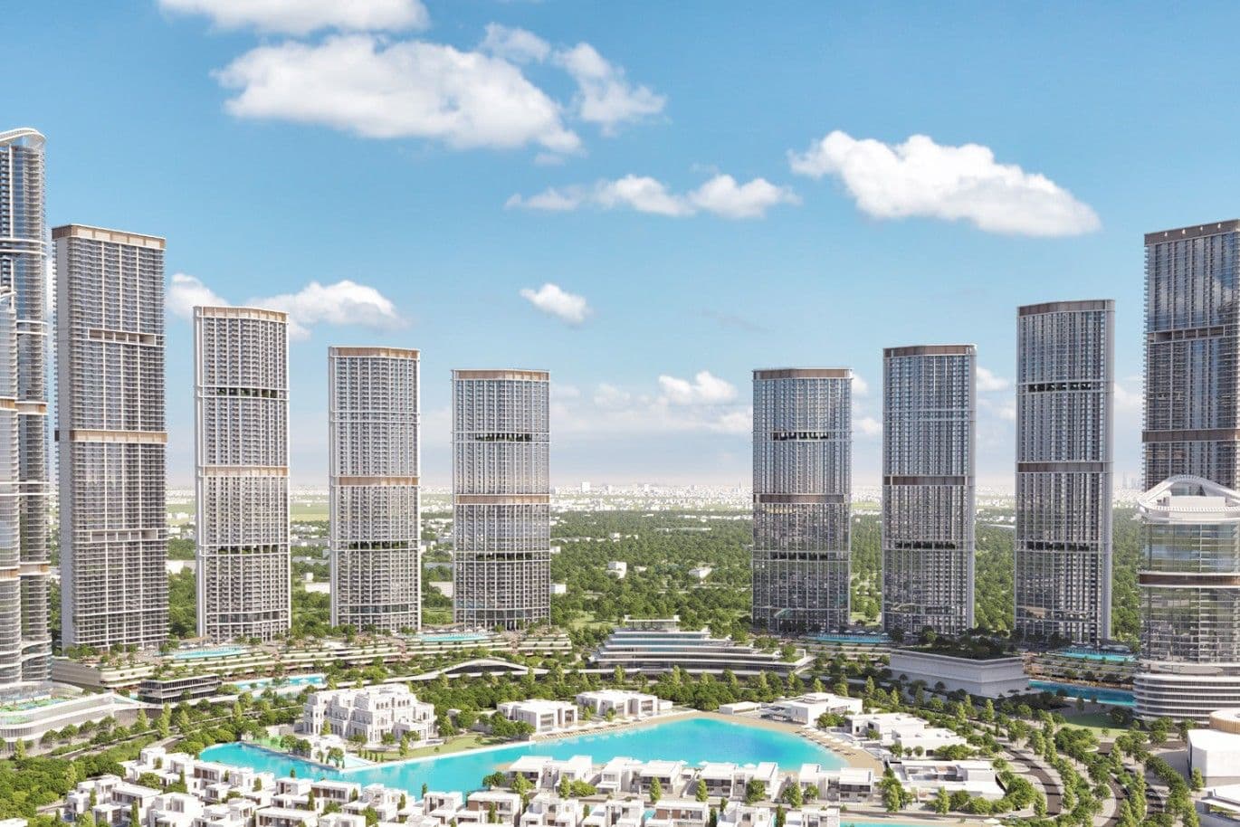 A skyline of Sobha Hartland 2 with glass facades, surrounding a large turquoise pool, set against a backdrop of trees and a blue sky.