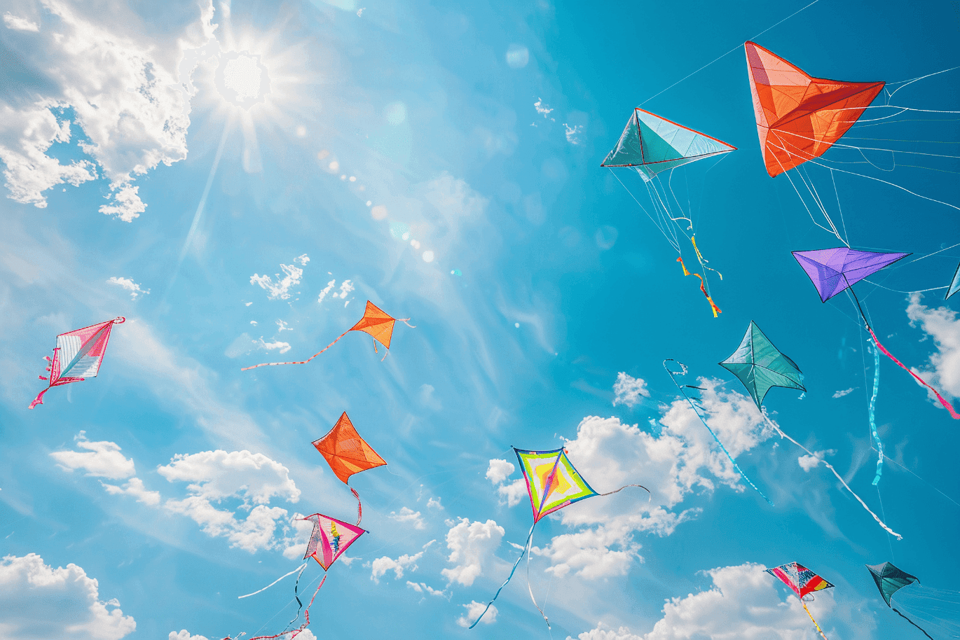 12 Kites in verschiedenen Farben fliegen am blauen sonnigen Himmel