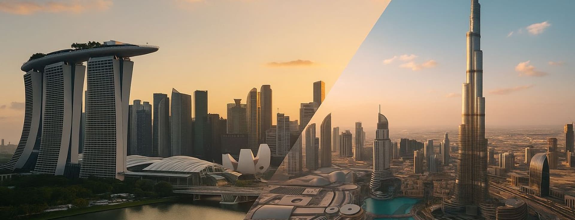A split image showing the Singapore skyline on one side and the Downtown Dubai skyline on the other