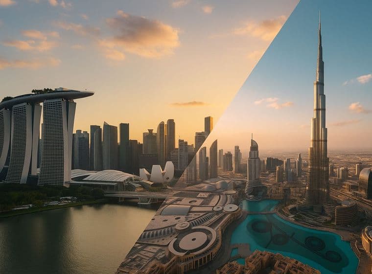 A split image showing the Singapore skyline on one side and the Downtown Dubai skyline on the other