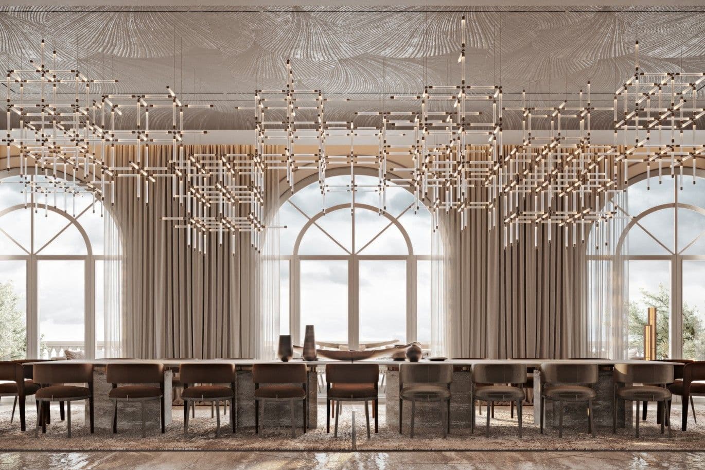 Elegant dining area with modern chandeliers, arched windows, and plush seating, creating a sophisticated ambiance.