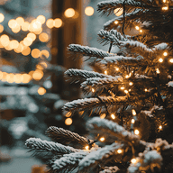 Close Up Christmas Tree with Snow and lights