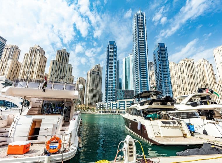 Moored yachts in Dubai Marina