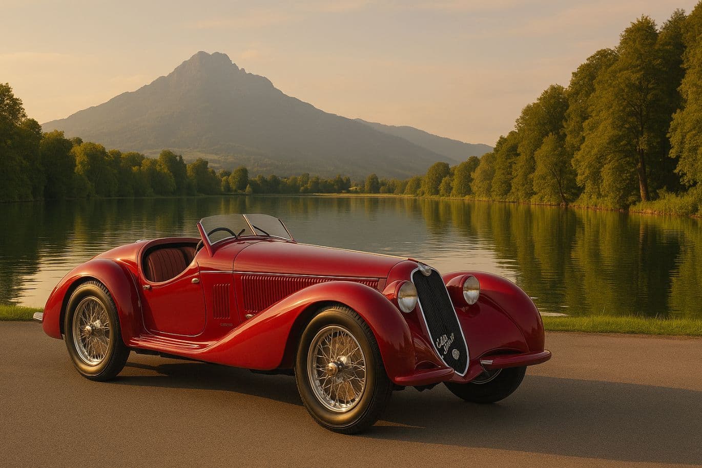 Vintage red sports car parked by a serene lake with a mountain and trees in the background at sunset.