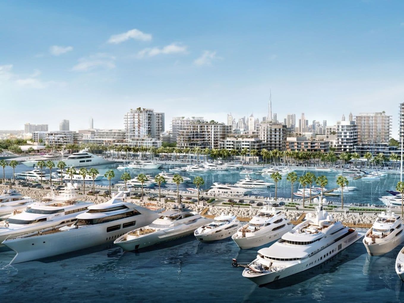 Luxury yachts docked in the marina at Mina Rashid, Dubai, with modern mid-rise waterfront residences, palm-lined promenades, and the city skyline, including Burj Khalifa, visible in the background under a clear blue sky.          Ask ChatGPT