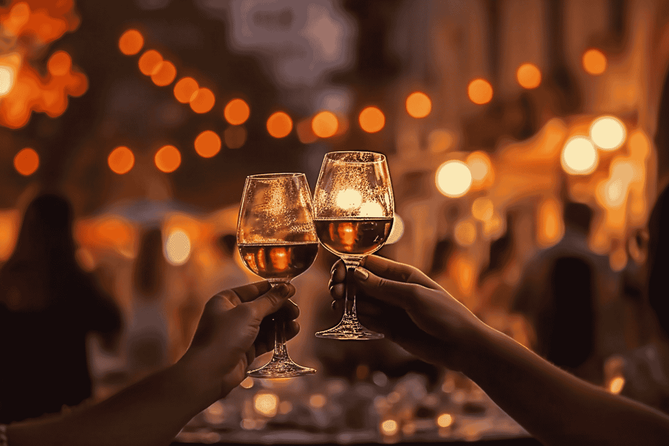 Two hands clinking wine glasses in a warm, bokeh-lit outdoor setting, creating a celebratory and cozy atmosphere.