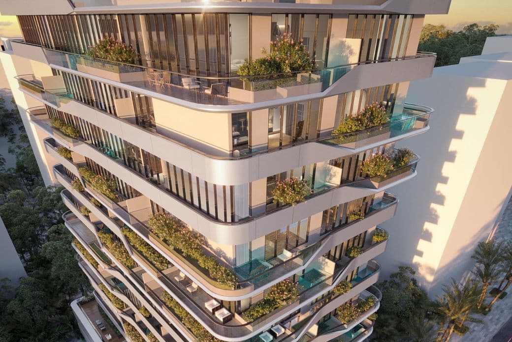 Private pools, seating and greenery on the terraces of Bayview Boulevard apartments