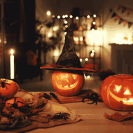 Glowing pumpkin jack-o'-lanterns with witch hat, surrounded by candles, leaves, and fake spiders, in a warmly lit, decorated room.