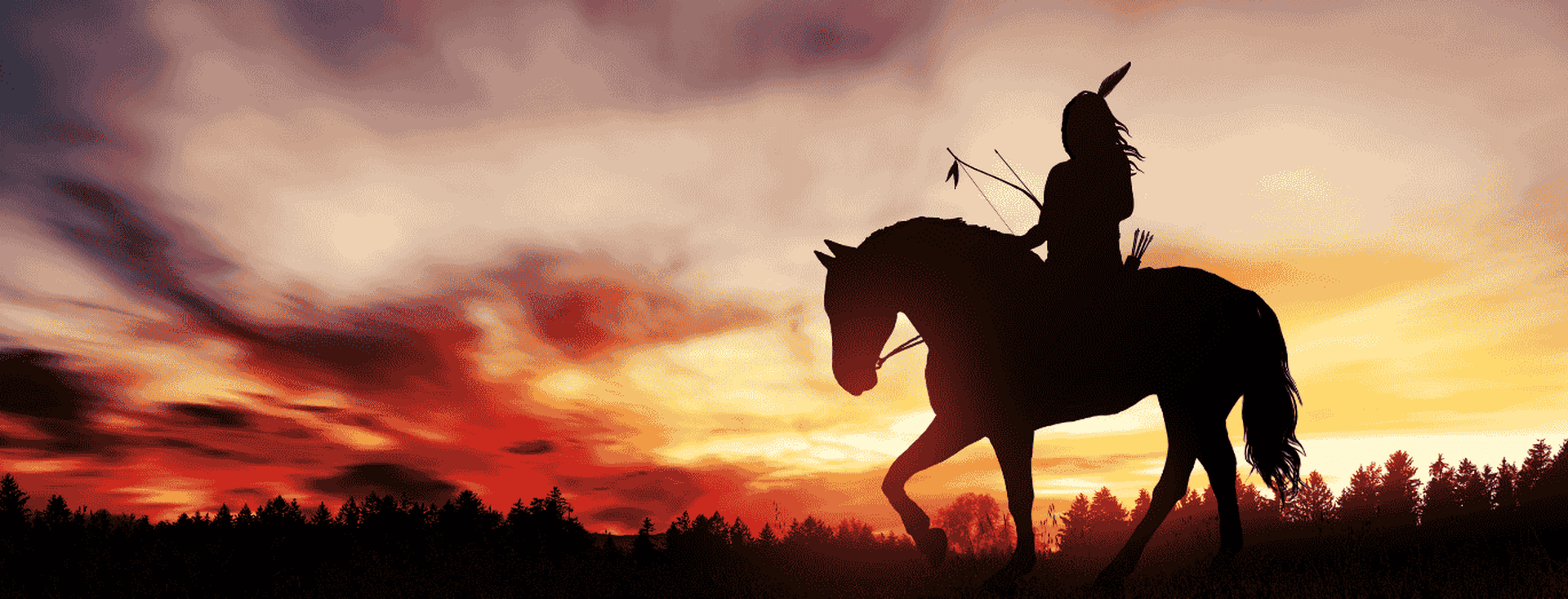 Silhouette of a person on horseback with a bow and arrows against a vibrant sunset sky, with trees in the background.