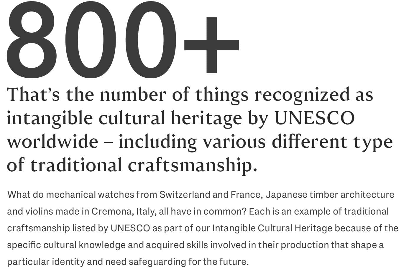 Text image stating over 800 items are recognized by UNESCO as intangible cultural heritage, including traditional craftsmanship like watches and violins.
