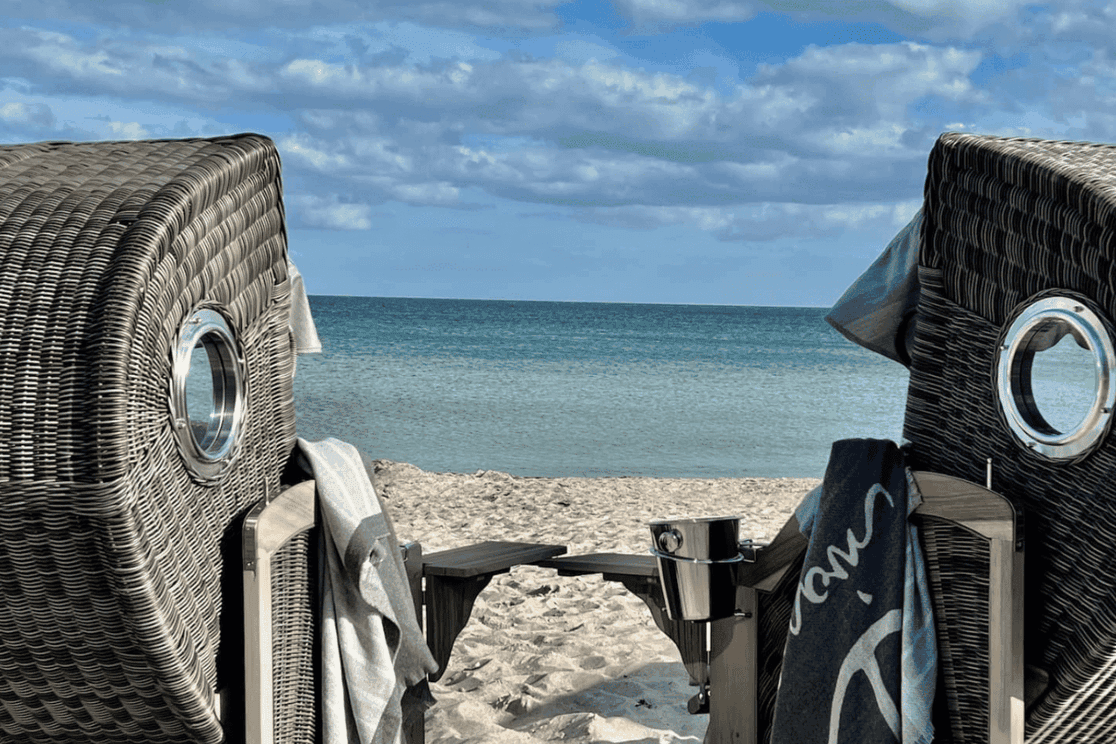 northern german beach chairs from behind and the beach and sea in the background