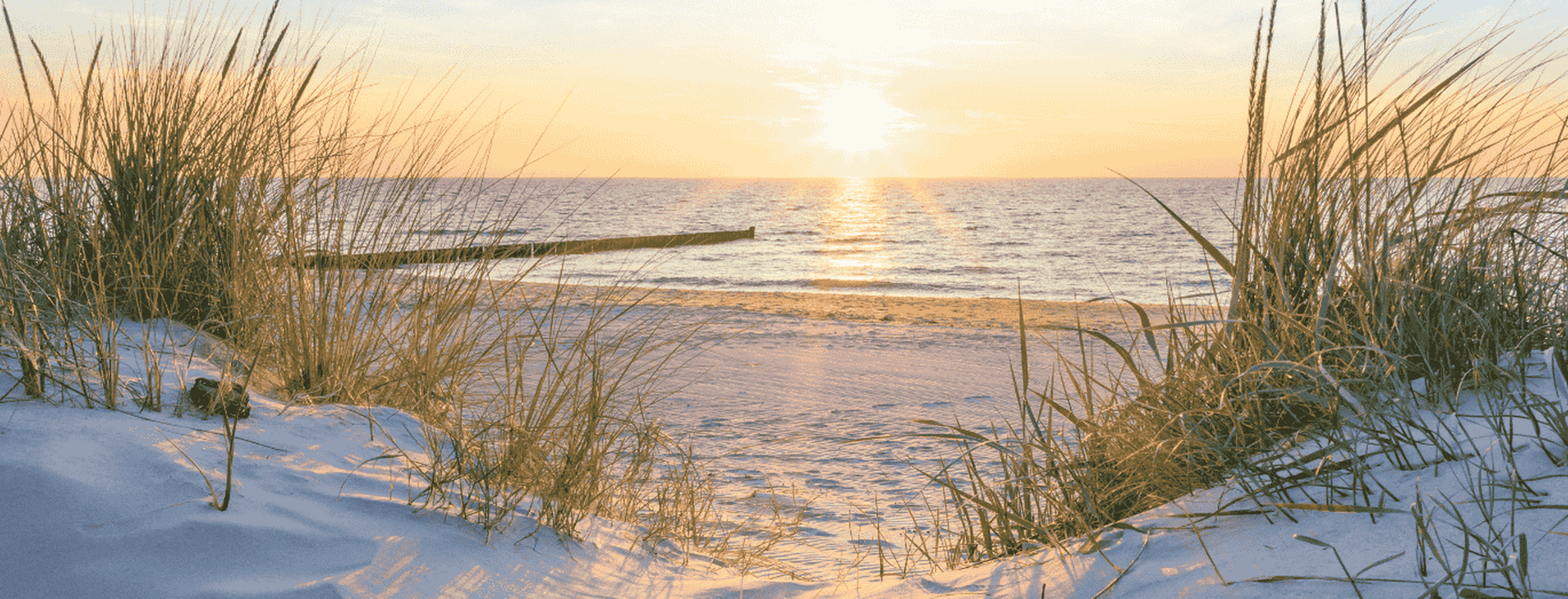 Golden light bathes the sand dunes as the sun sets, casting long shadows and painting the sky in warm orange and pink hues. The peaceful scene captures the quiet beauty of nature at day’s end.