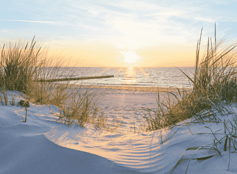 Golden light bathes the sand dunes as the sun sets, casting long shadows and painting the sky in warm orange and pink hues. The peaceful scene captures the quiet beauty of nature at day’s end.
