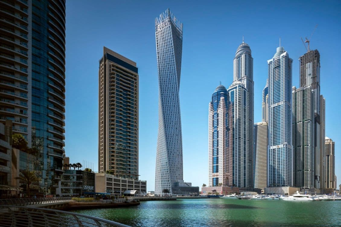 The twisting Cayan Tower in Dubai Marina, an iconic building in Dubai’s famous skyline.
