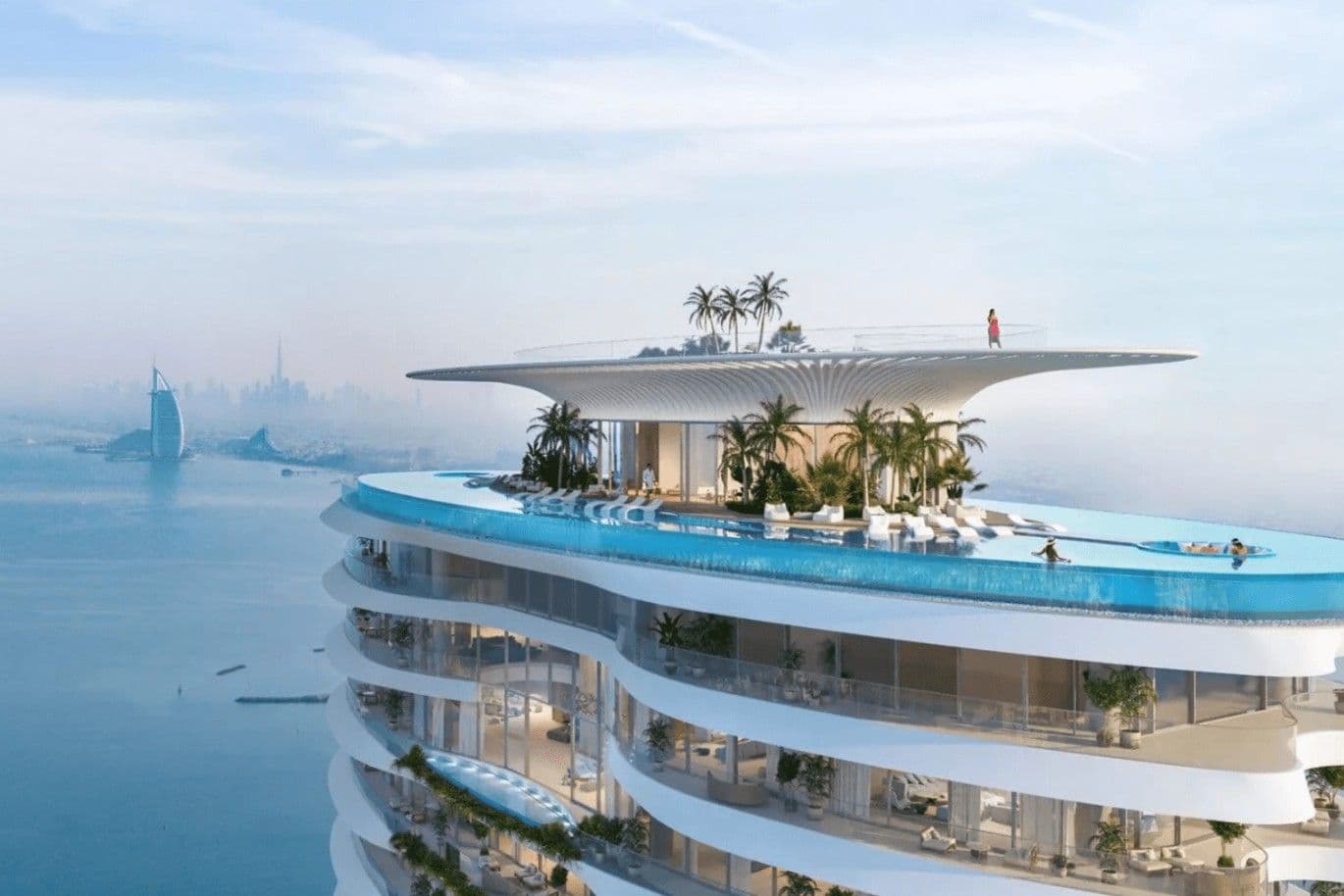Futuristic rooftop with a pool and palm trees on Como Residences, overlooking Burj Al Arab and Downtown Dubai