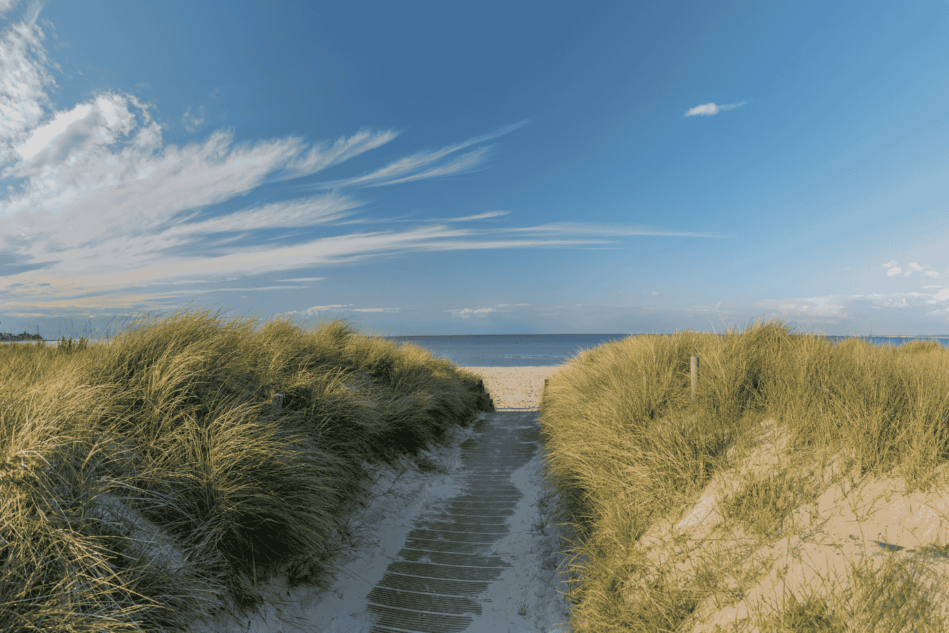 A narrow sandy path winds through tall grassy dunes by the Baltic Sea. The sky is clear with a few clouds, and the calm sea glistens in the background. The scene feels peaceful and inviting for a quiet walk.