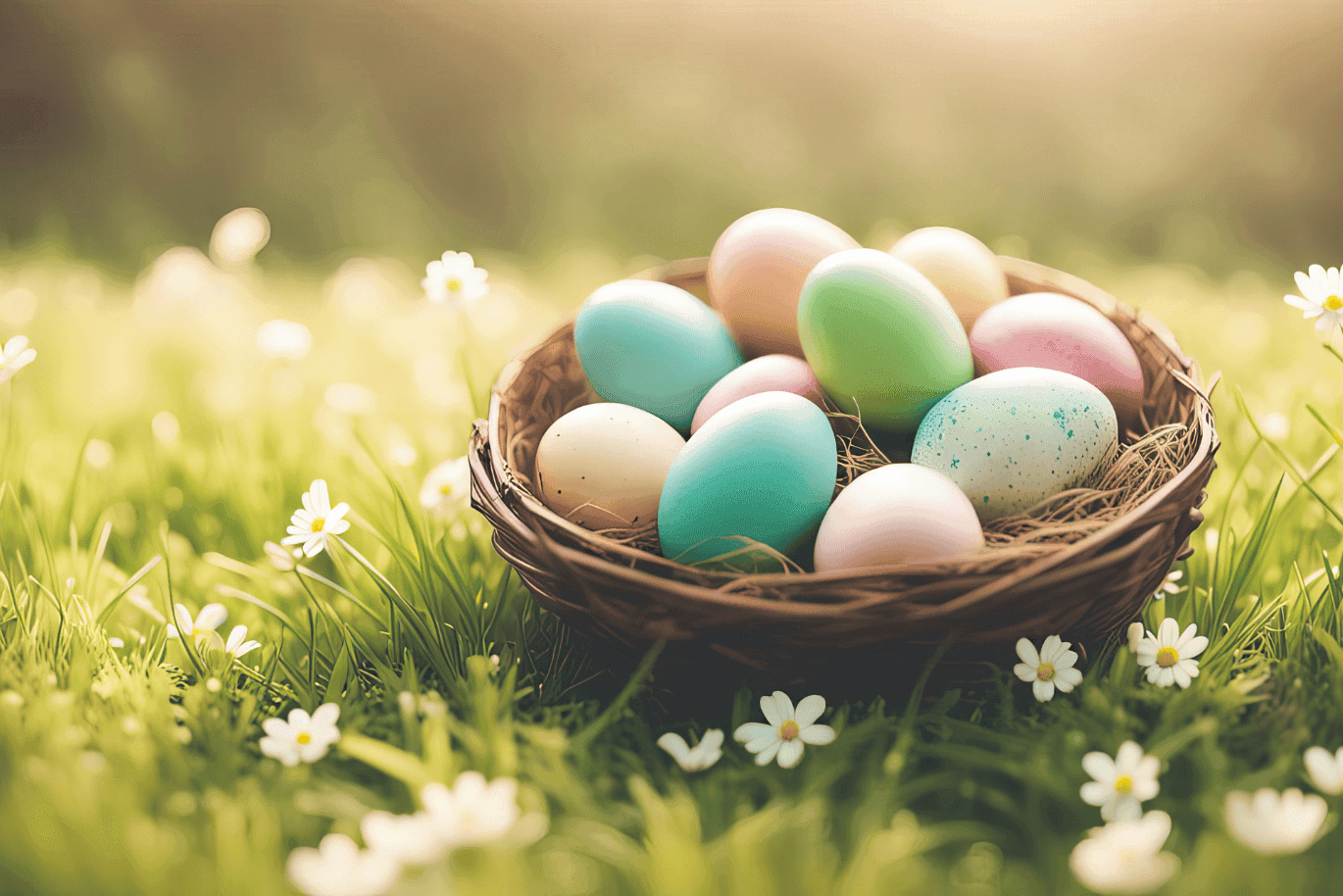 Easter basket with 10 colorful eggs embedded in a flower meadow